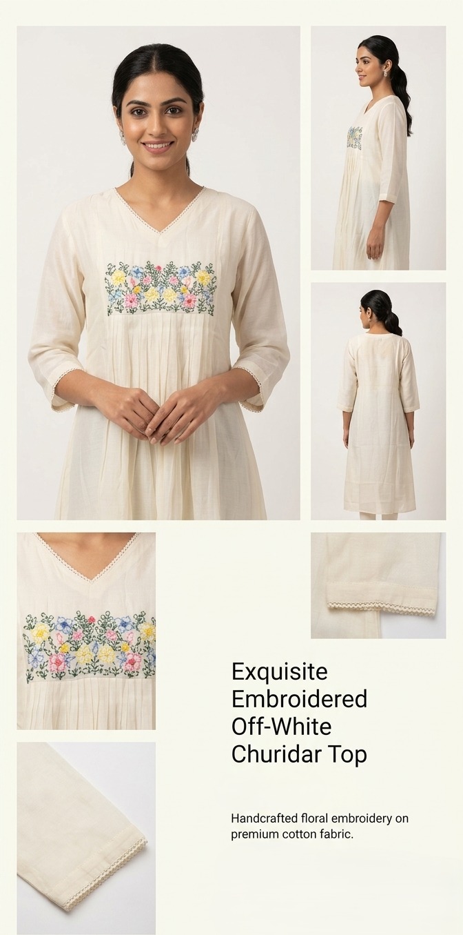Women's Off-White Mul Chanderi Embroidered A-Line Kurti Top | Floral Embroidery | 3/4 Sleeves