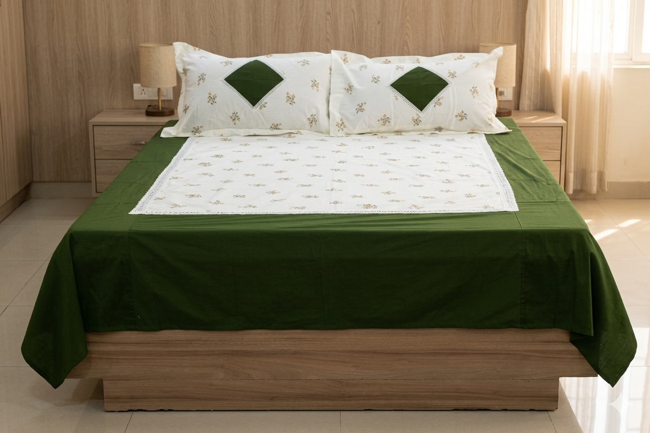 Premium King Size Olive Green & Cream Floral Bedspread Set - 3 Piece Cotton Blend (Includes 2 Pillow Covers) - Main Product Image - Cotton Floral - Nushio