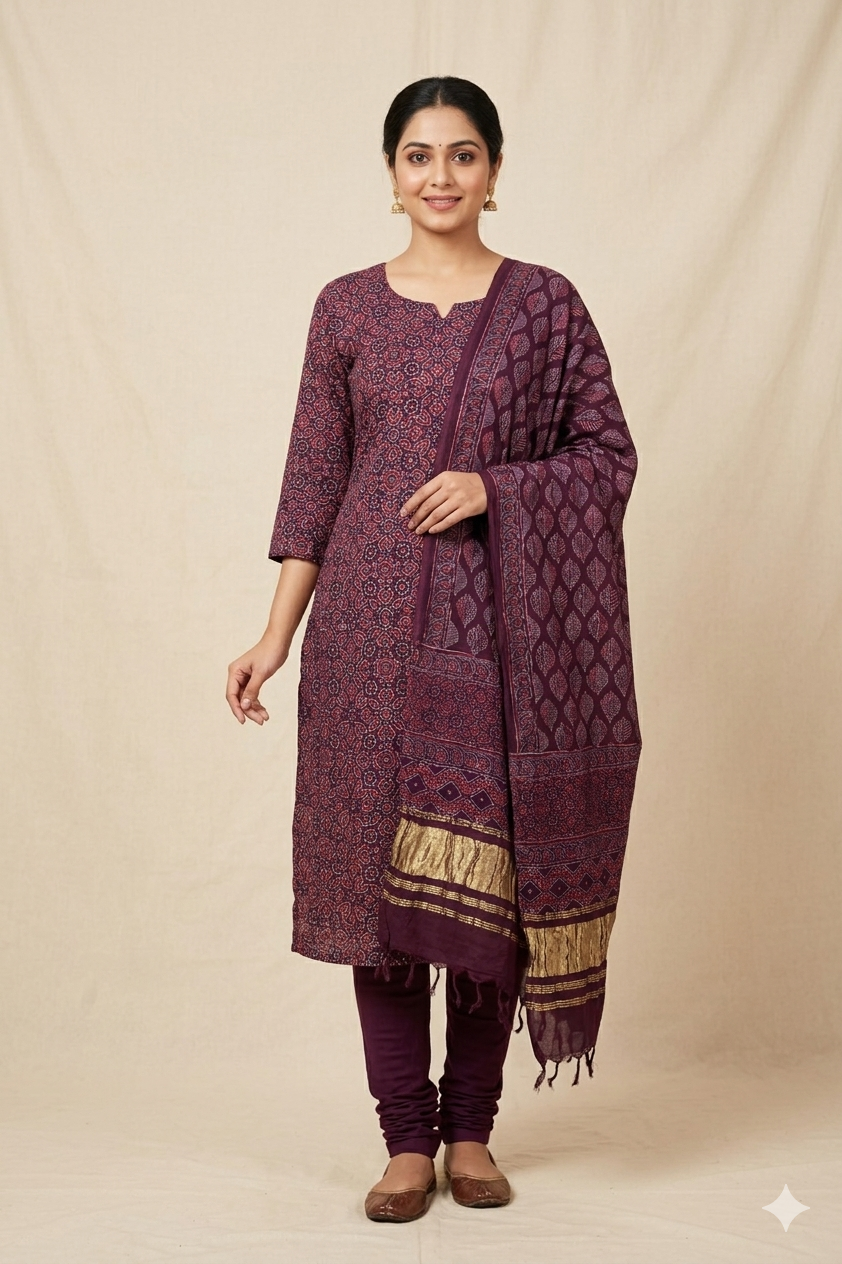 Royal Wine Modal Silk Churidar Material Set