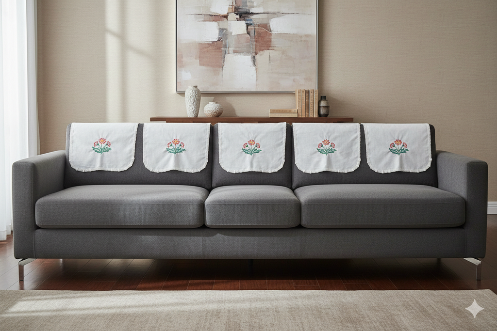Embroidered Floral Chair Back Cover Set - Main Product Image - Floral Embroidered - Nushio