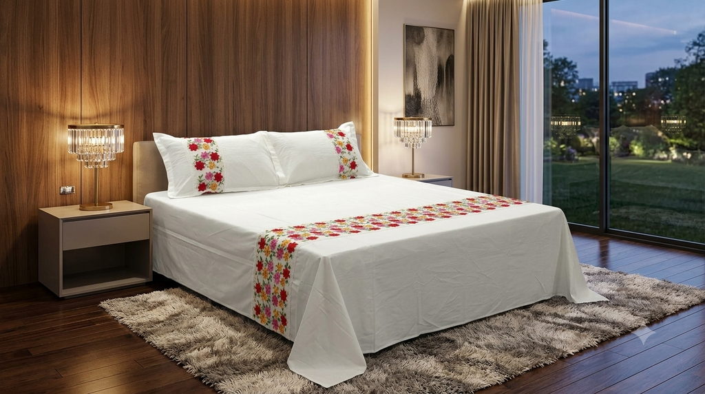 Cotton Blend King Size Bedspread – White with Floral Border | 100 × 116 Inches