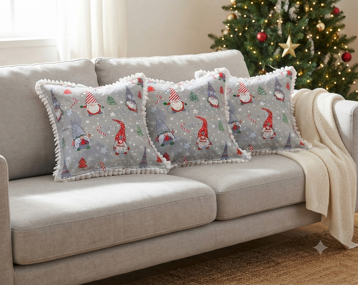 Christmas Gnome Printed Cushion Cover – 16 x 16 Inch | Decorative Cushion Cover