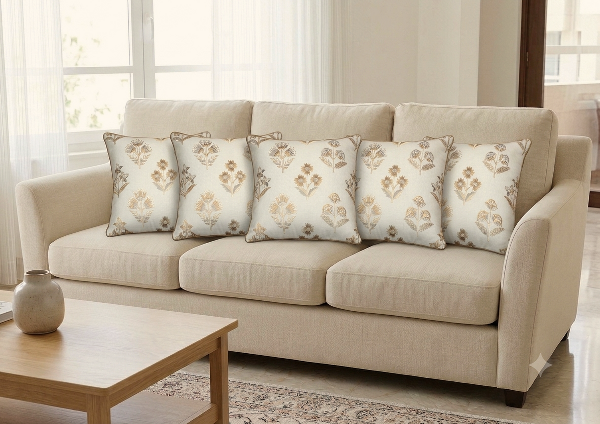 Elegant Floral Embroidered Cushion Covers in Cream and Gold – Set of 5