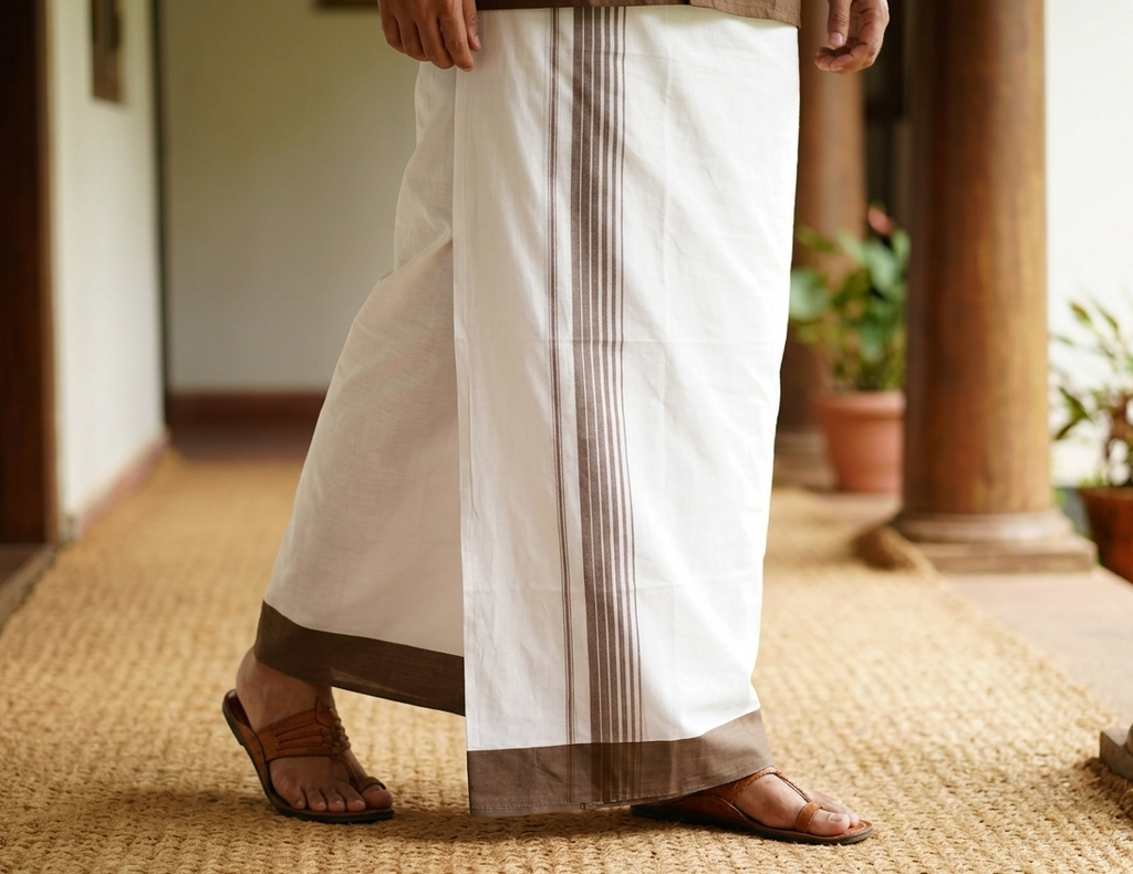 Premium Cotton Double Mundu with Brown Kasavu Border – Traditional Kerala Dhoti
