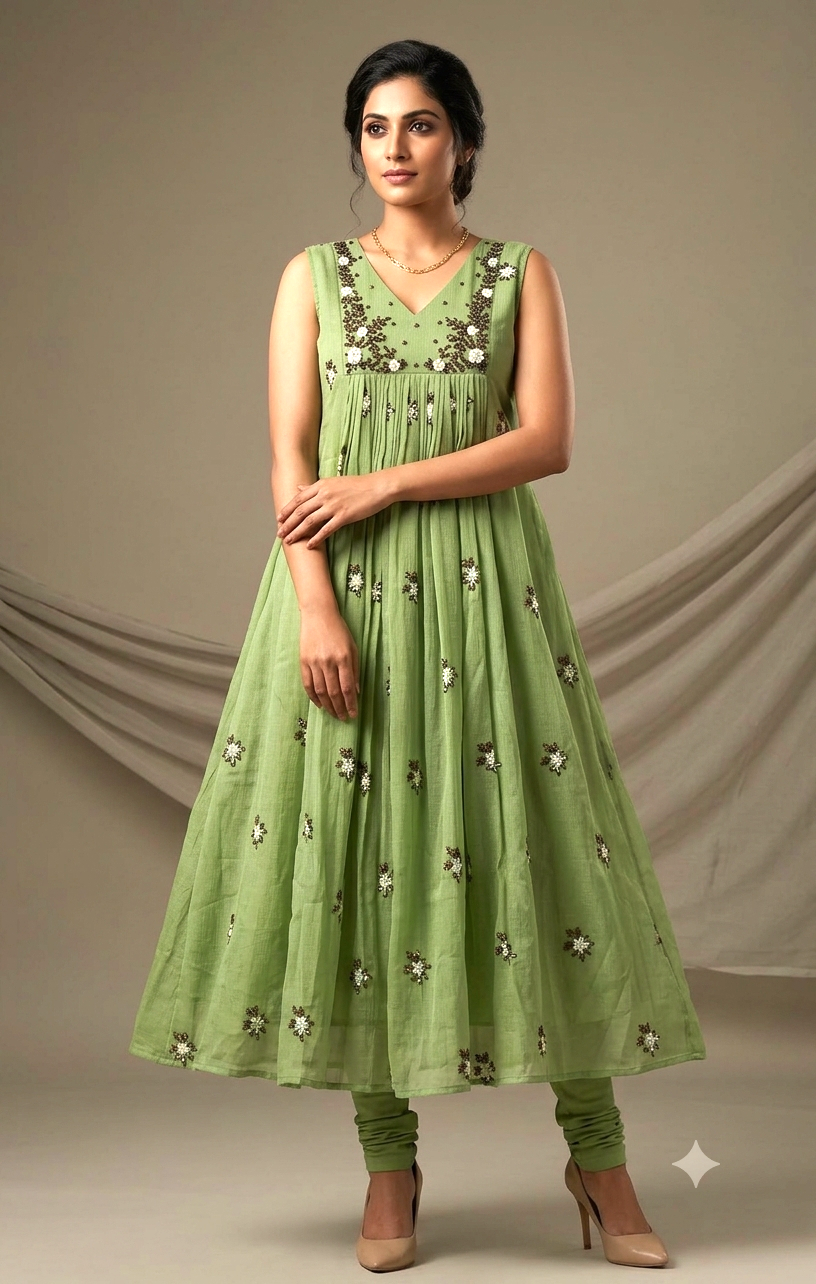Women’s Embroidered Mul Chiffon Long Top with Sleeves – Floral Embellished Design