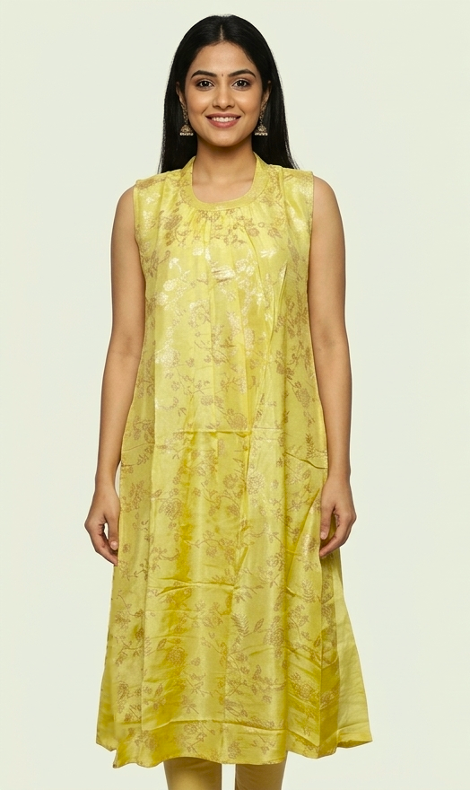 Women's Floral Woven Churidar a line Top with Sleeve Material – Lime Yellow | Round Neck Ethnic Kurti Top