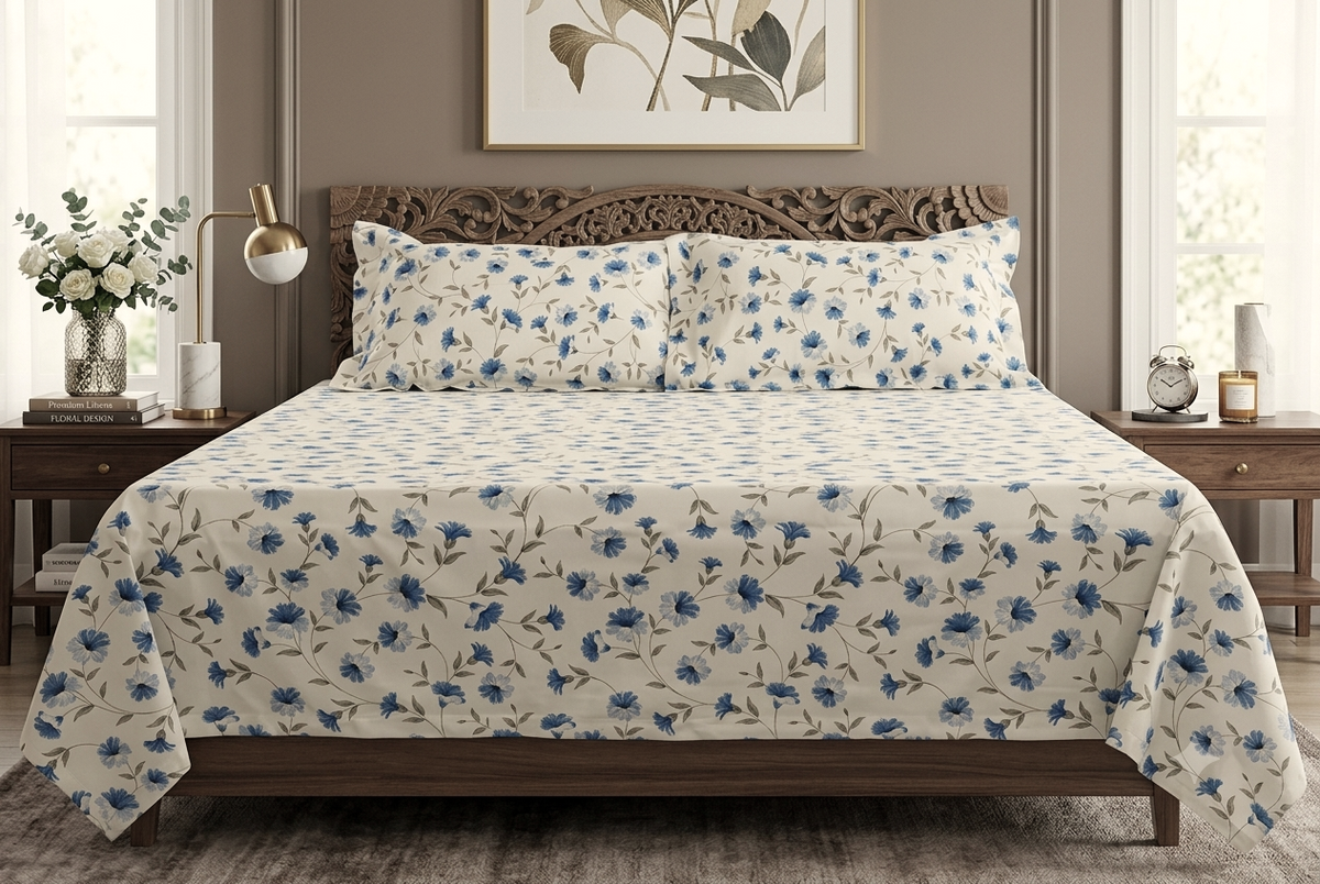 Floral Cotton Blend Bedsheet – Queen Size 90 × 100 Inches | Blue