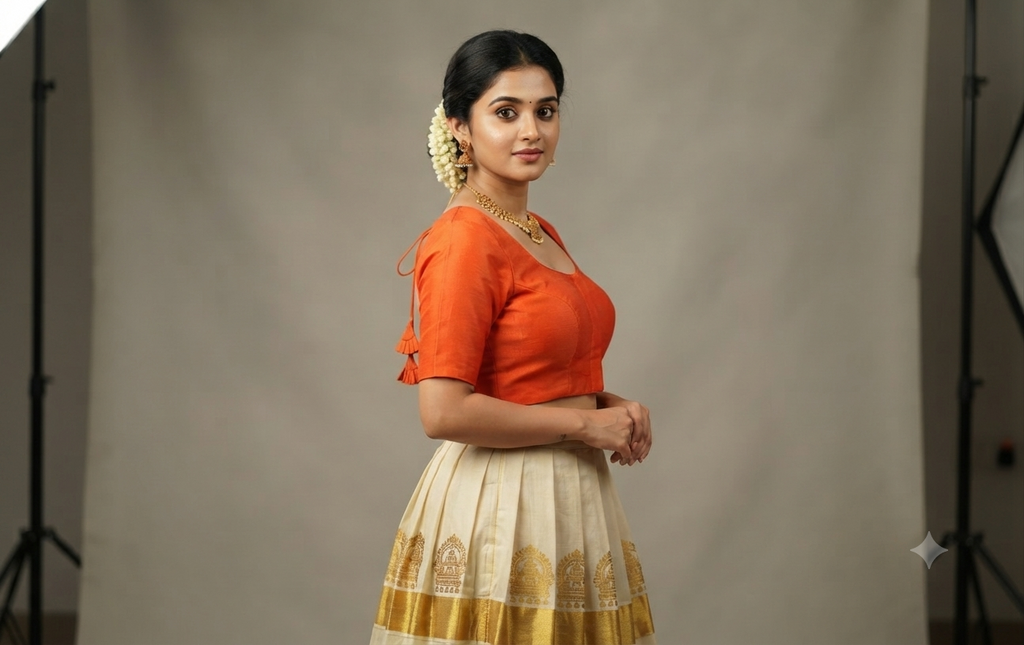 Orange Chanderi Silk Front Open Readymade Blouse | Padded Saree & Midi Blouse | Elbow Sleeve
