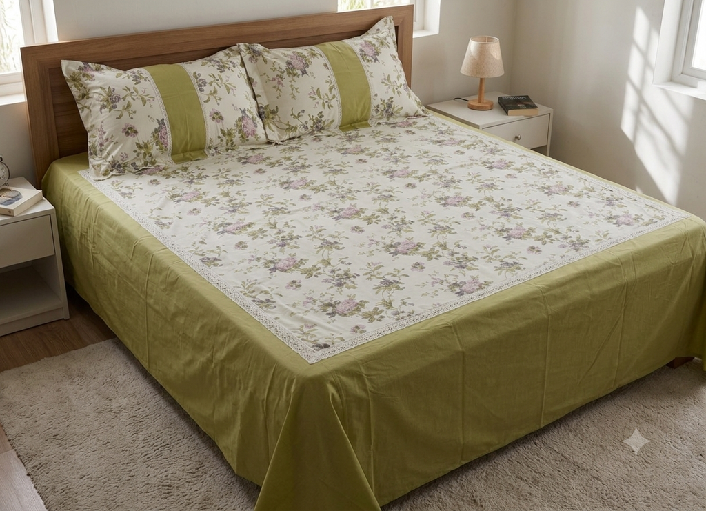 Premium Floral Cotton Bedspread with 2 Pillow Covers | Olive Green & Ivory | 94 x 104 Inches (239 x 264 cm)
