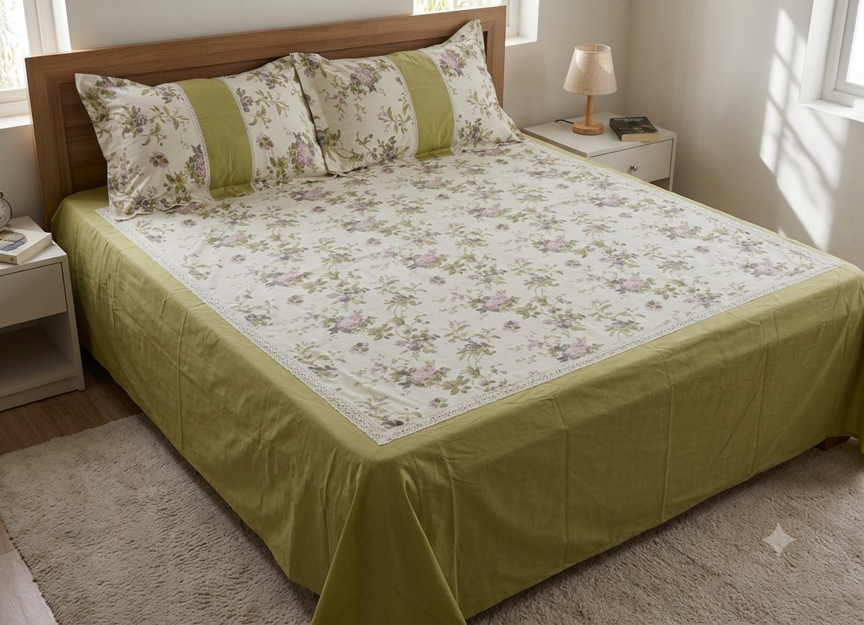 Premium Floral Cotton Bedspread with 2 Pillow Covers | Olive Green & Ivory | 94 x 104 Inches (239 x 264 cm)