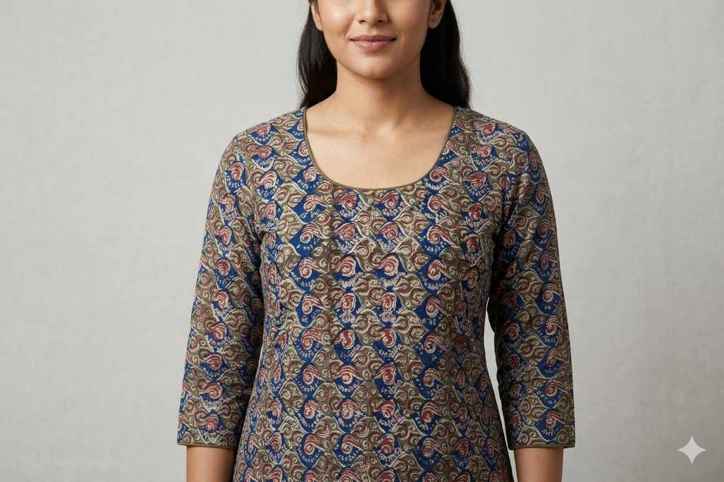 Royal Indigo Kalamkari Print Cotton Churidar Top Material – 2.5 Meter