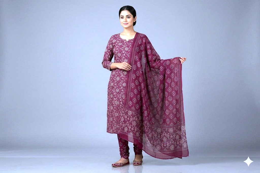 Magenta Floral Soft Cotton Dress Material Set with Dupatta – Top & Bottom Fabric Combo