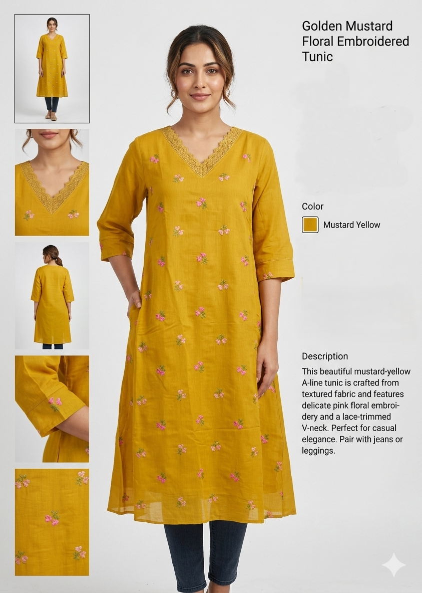 Mustard Yellow Embroidered Women's A-Line mul chandari Top | Floral Embroidery | V-Neck Casual Kurti Top