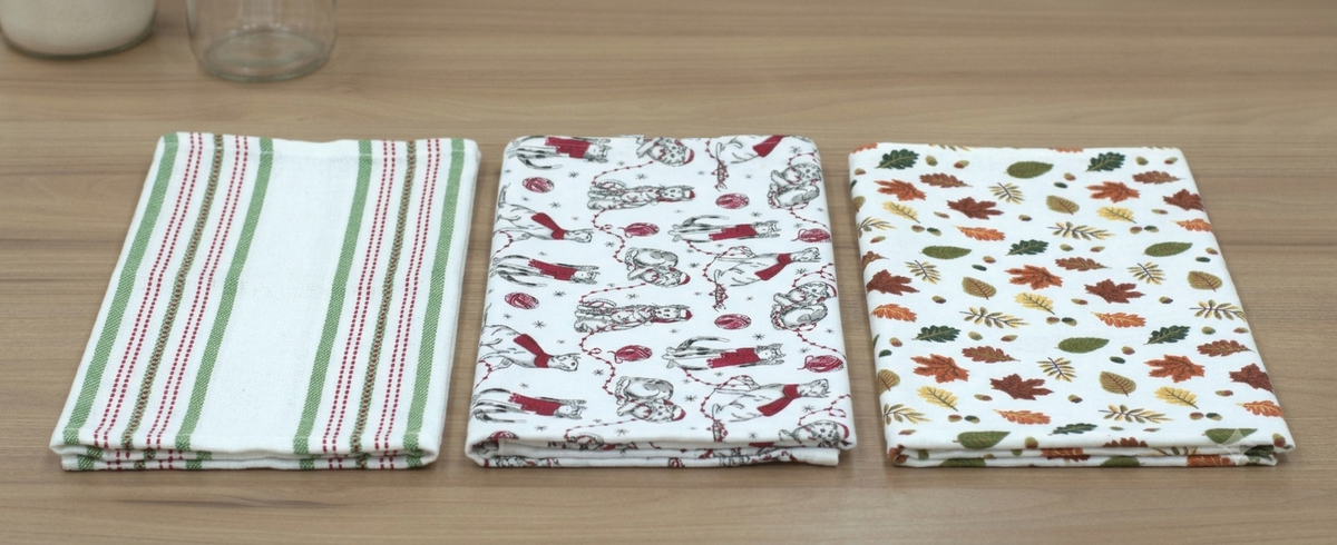 Set of 3 Printed Kitchen Towels | Striped, Festive & Autumn Leaf Designs