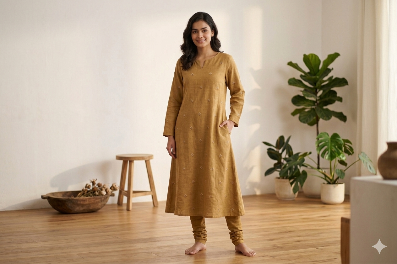 Elegant Brown Semi Linen Dress Material Set with Subtle Embroidery – 44" Width