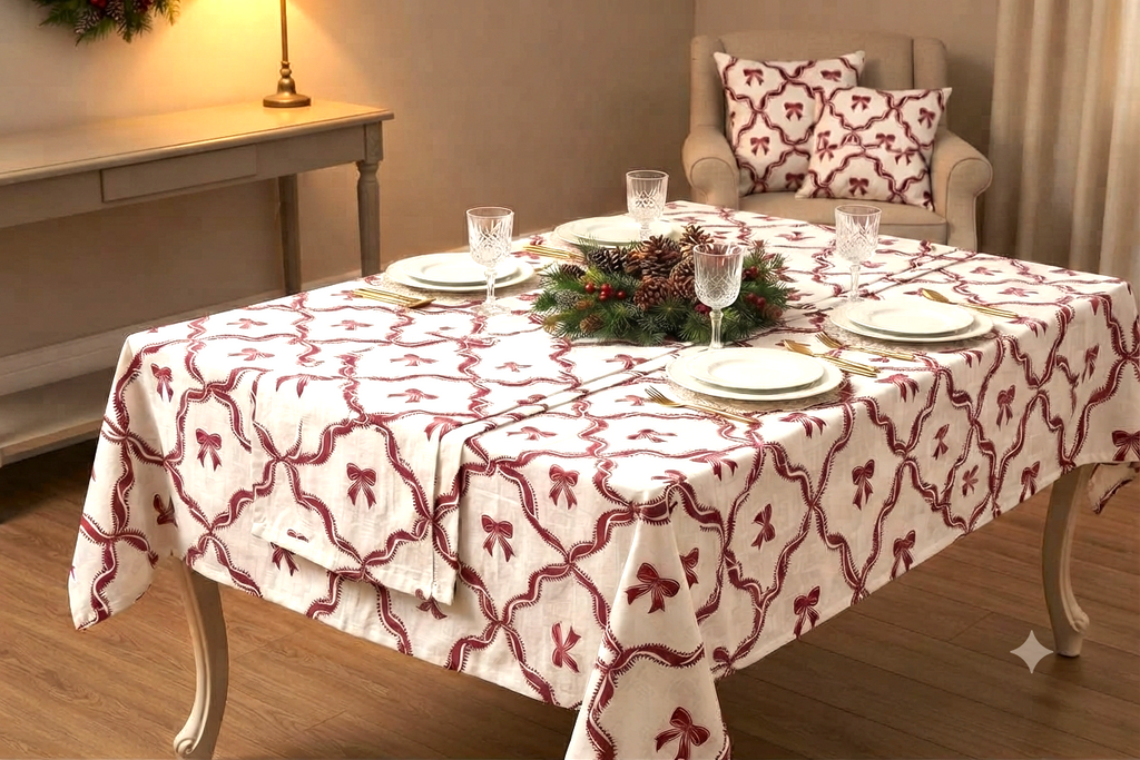 Festive Bow Printed Running Fabric – 60 Inch Wide Table Cloth, Table Runner & Cushion Cover Material