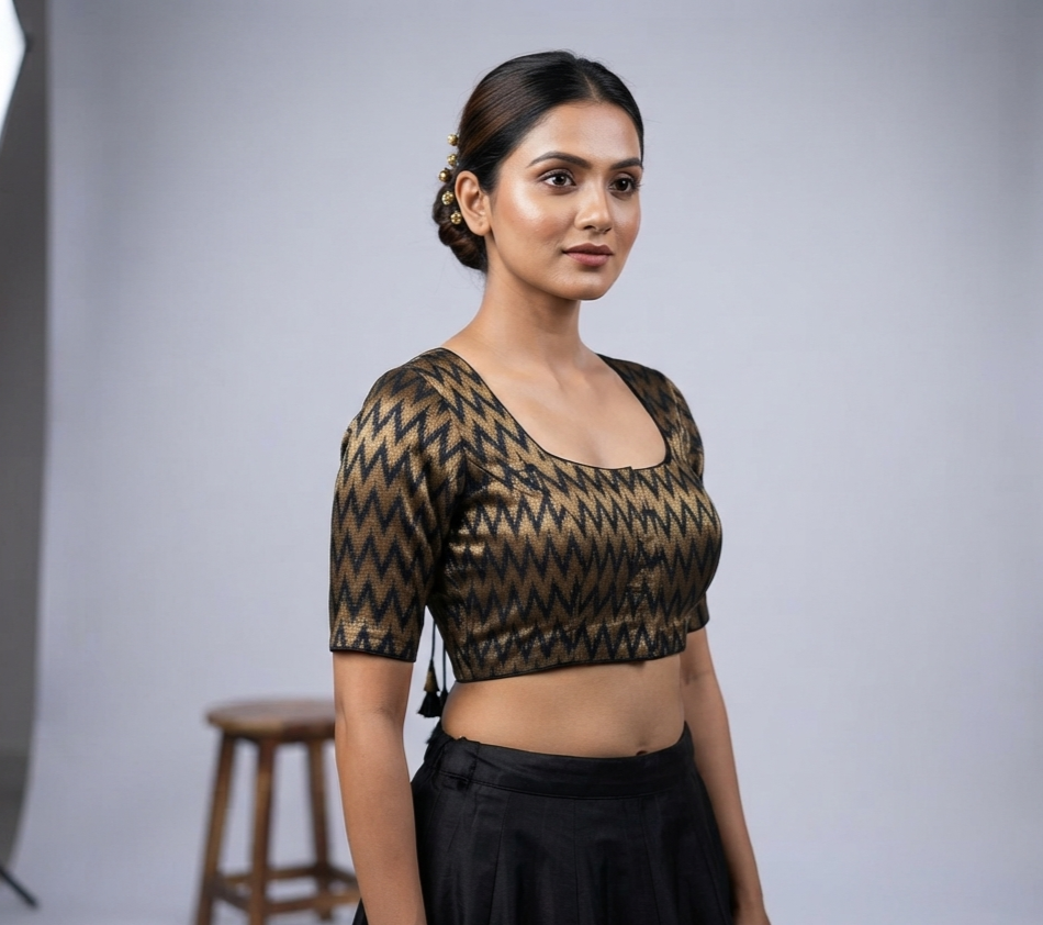 Women's Chanderi Silk Saree Blouse | Front Open Readymade Blouse | Zigzag Woven Design | Padded Blouse for Sarees & Midi