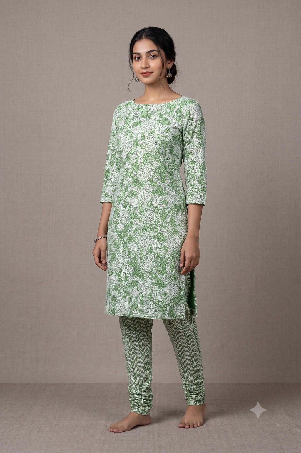 Soft Cotton Green Floral Printed Dress Material Set for Women – Top 2.5m & Bottom 2m (44" Width)