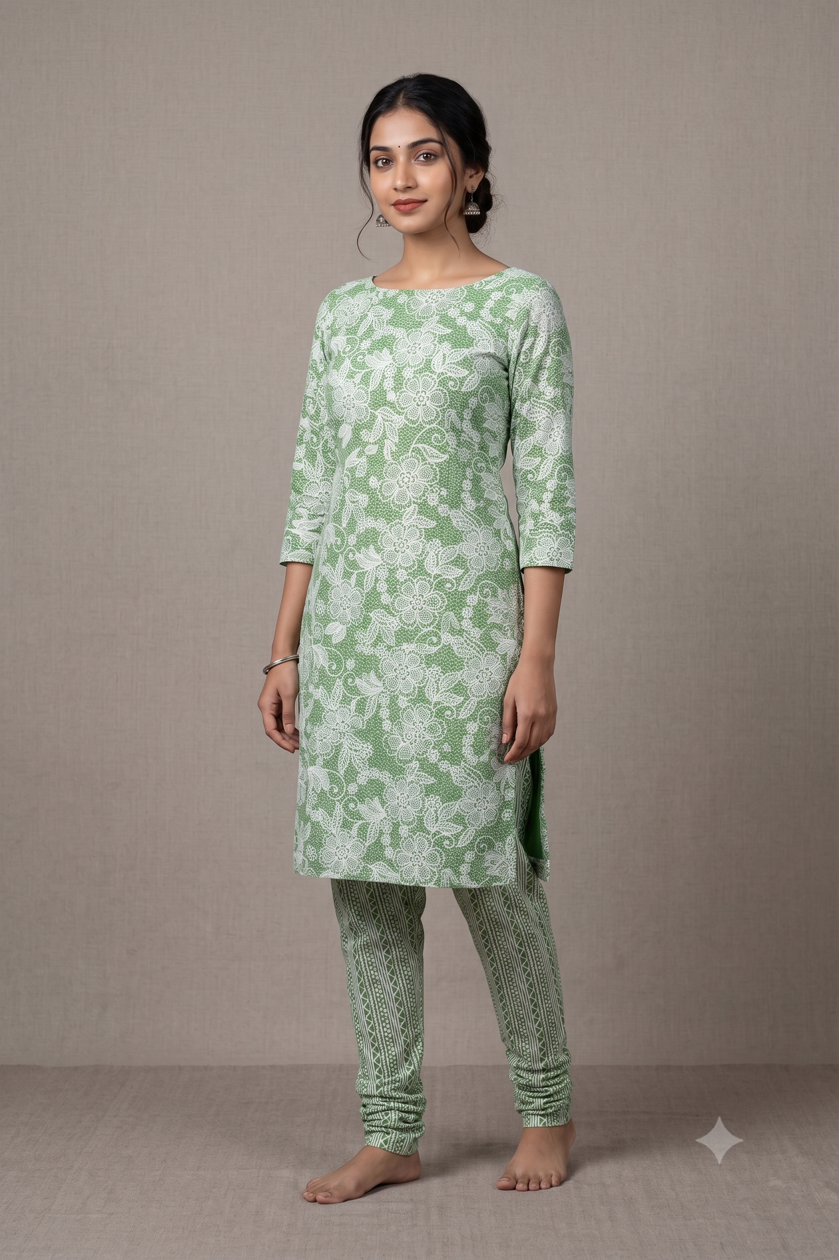 Soft Cotton Green Floral Printed Dress Material Set for Women – Top 2.5m & Bottom 2m (44" Width)