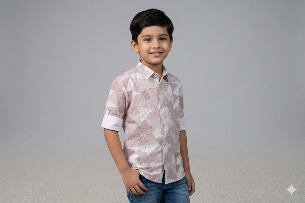 Kids Full Sleeve Geometric Print Cotton Shirt – Light Pink & White Casual Wear
