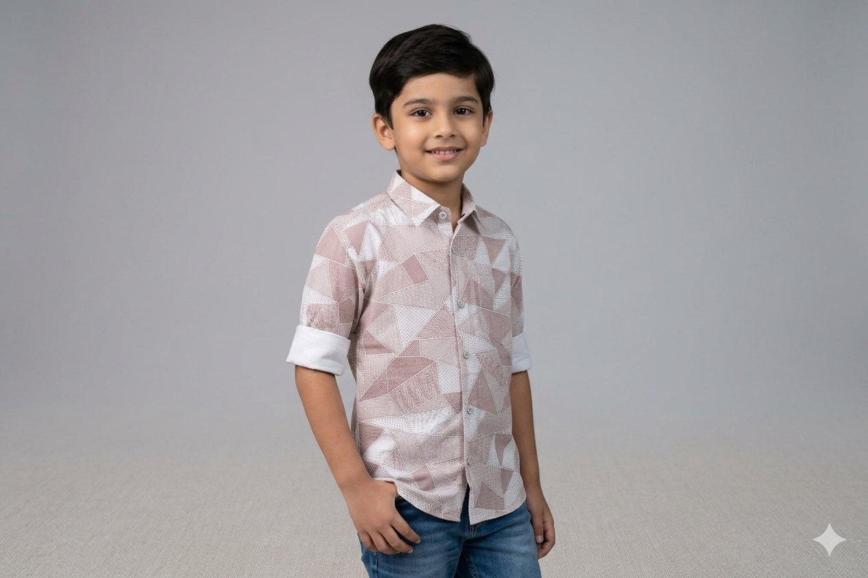 Kids Full Sleeve Geometric Print Cotton Shirt – Light Pink & White Casual Wear