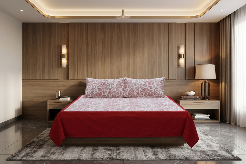 Elegant Red Floral King Size Bedsheet with 2 Pillow Covers |  Bedding Set