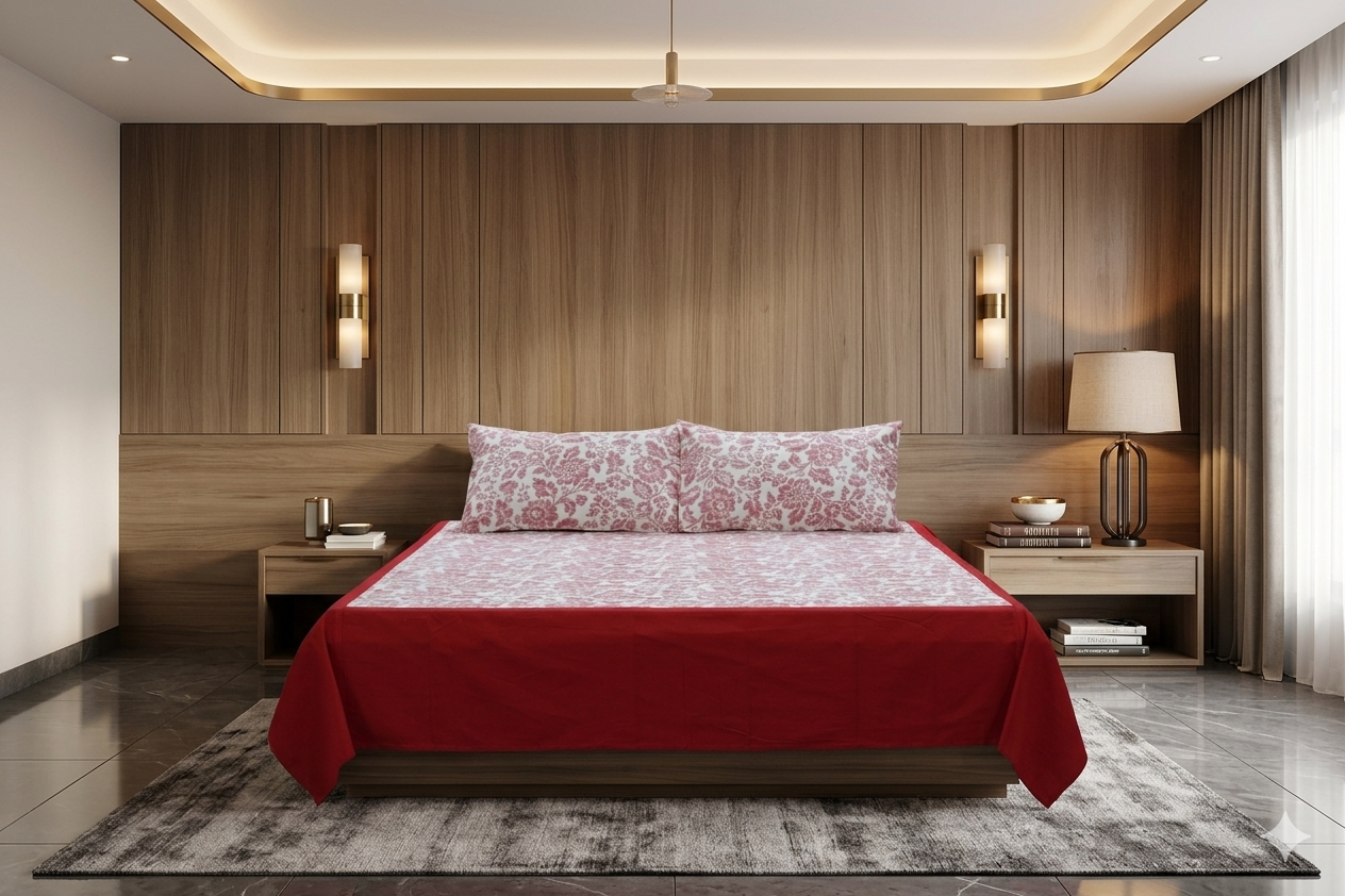Elegant Red Floral King Size Bedsheet with 2 Pillow Covers |  Bedding Set