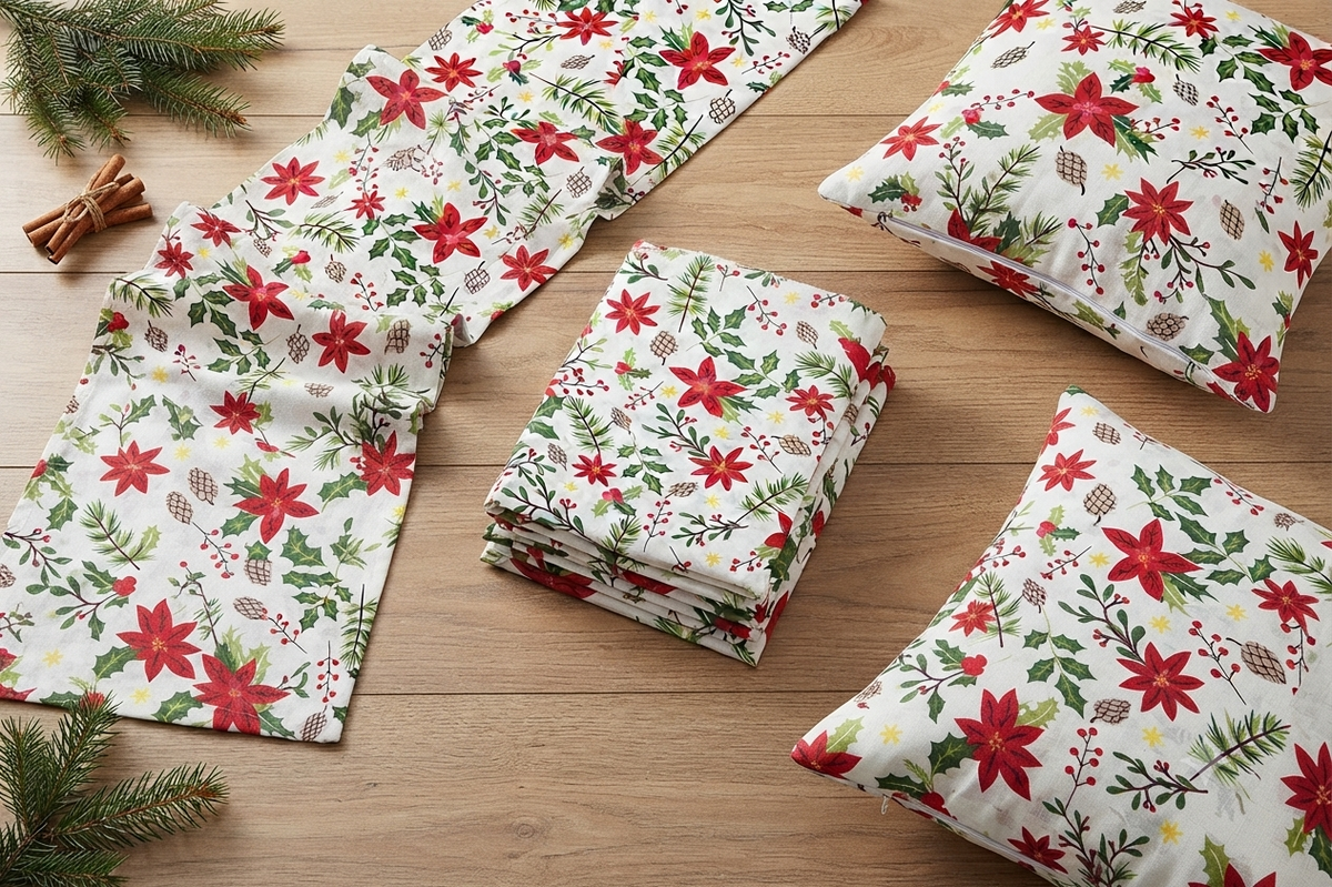 Christmas Printed Running Fabric – 60 Inch Wide Poinsettia, Holly & Pine Design Home Décor Material