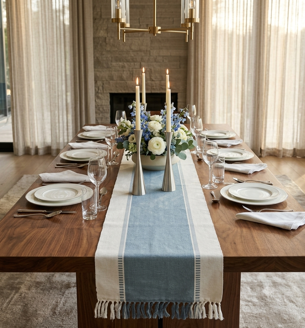 Blue & White Cotton Table Runner with Tassel Fringe – 1.85 M x 40 cm