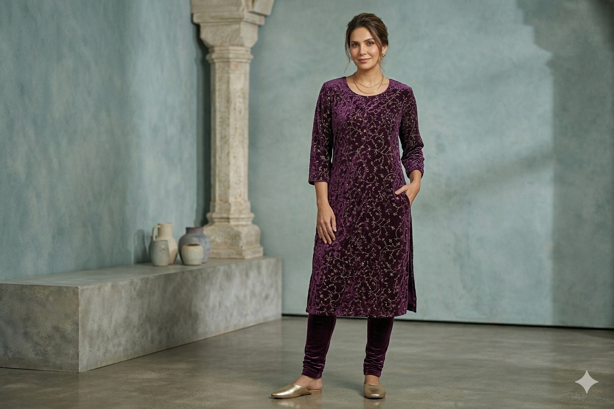Elegant Wine Purple Velvet Dress Material with Delicate Embroidery – 44" Width (Top 2.5 m)