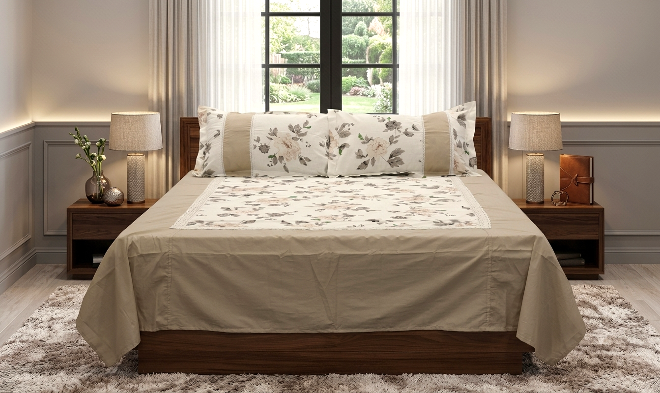 Premium Floral cotton blend Bedspread Set with 2 Pillow Covers – Beige & White | 86 x 104 Inches | Elegant Lace Border