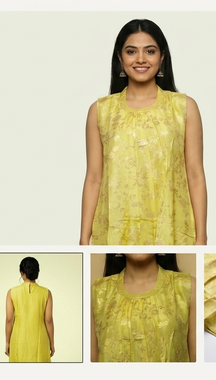 Women's Floral Woven Churidar a line Top with Sleeve Material – Lime Yellow | Round Neck Ethnic Kurti Top