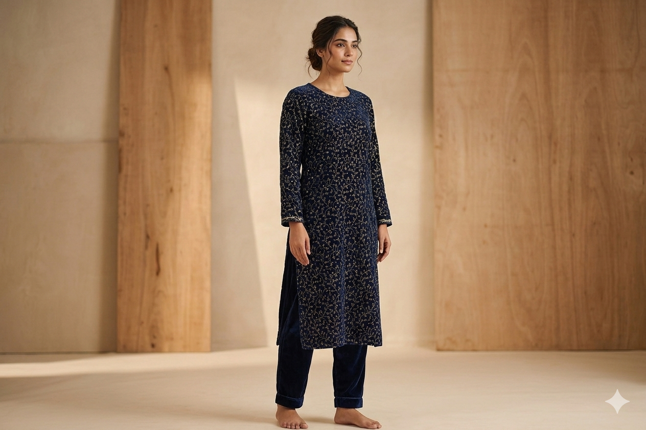 Elegant Navy Blue Velvet Dress Material with Gold Embroidery – 2.5m Top (44" Width)