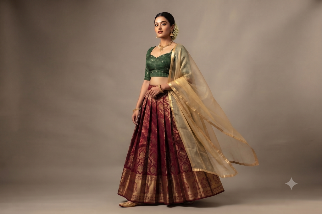Green Brocade Silk Fabric for Blouses & Midi Tops | Gold Woven Design | Premium Dress Material