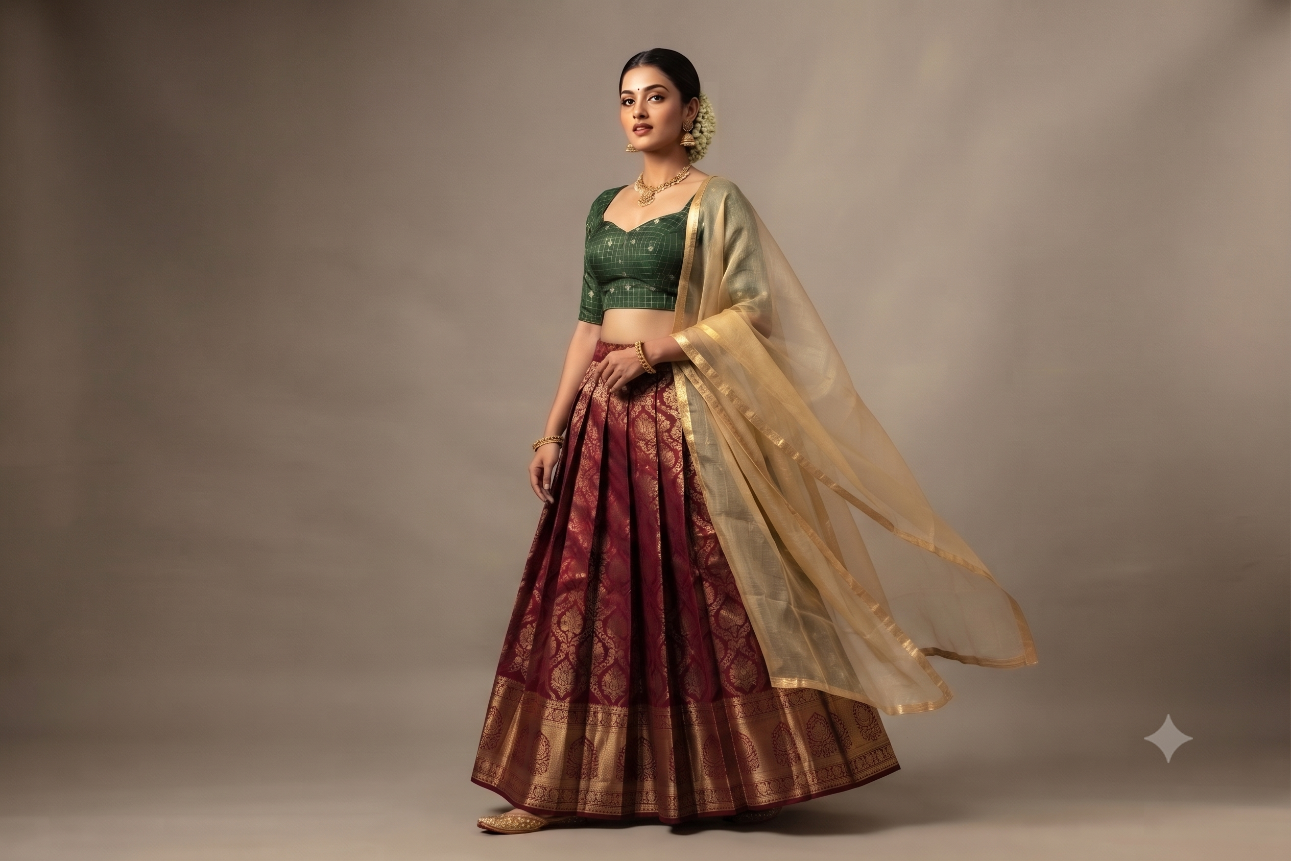 Green Brocade Silk Fabric for Blouses & Midi Tops | Gold Woven Design | Premium Dress Material