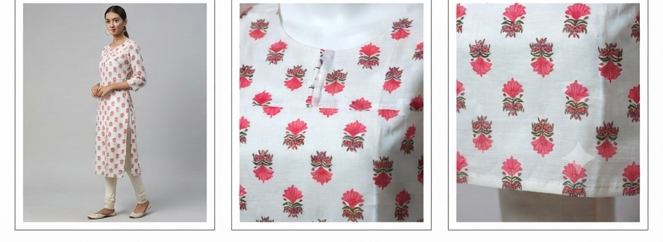 Women's White Floral Printed Churidar Top | Straight Fit 3/4 Sleeve Kurti (Top Only)