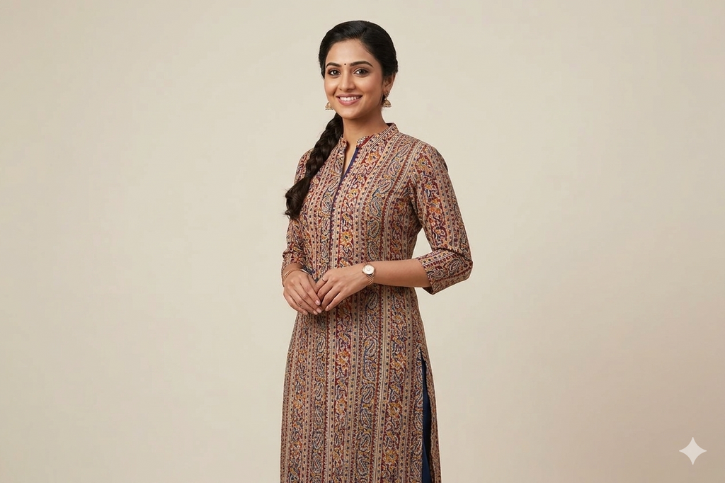 Elegant Beige Kalamkari Print Cotton Churidar Material – 44” Width | 3 Meter Top Fabric
