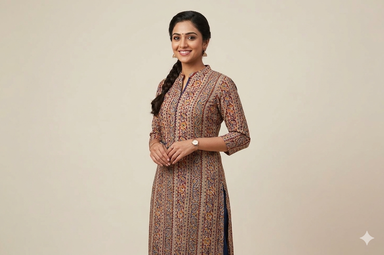 Elegant Beige Kalamkari Print Cotton Churidar Material – 44” Width | 3 Meter Top Fabric