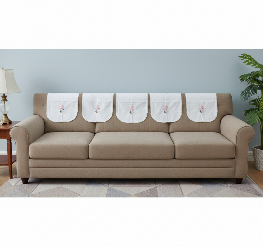 White Floral Embroidered Chair Back Cover Set