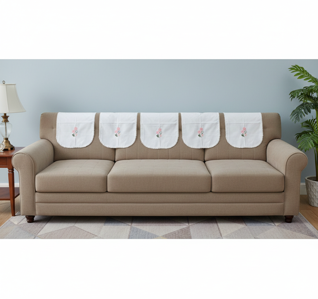 White Floral Embroidered Chair Back Cover Set