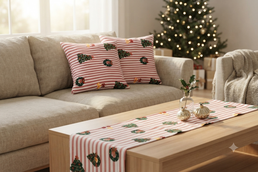 Christmas Printed Running Fabric – 60 Inch Wide Christmas Tree & Wreath Stripe Design for Table Décor