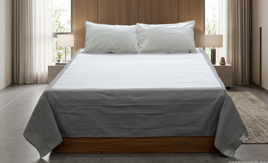 King Size Cotton Bedspread with 2 Pillow Covers – Elegant Grey & White Geometric Print |