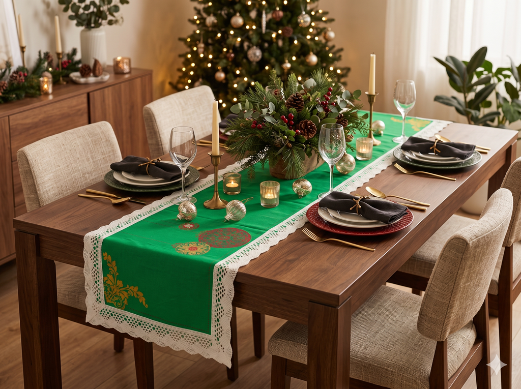 Green Decorative Table Runner with White Lace Border and Floral Design – 145 × 35 cm