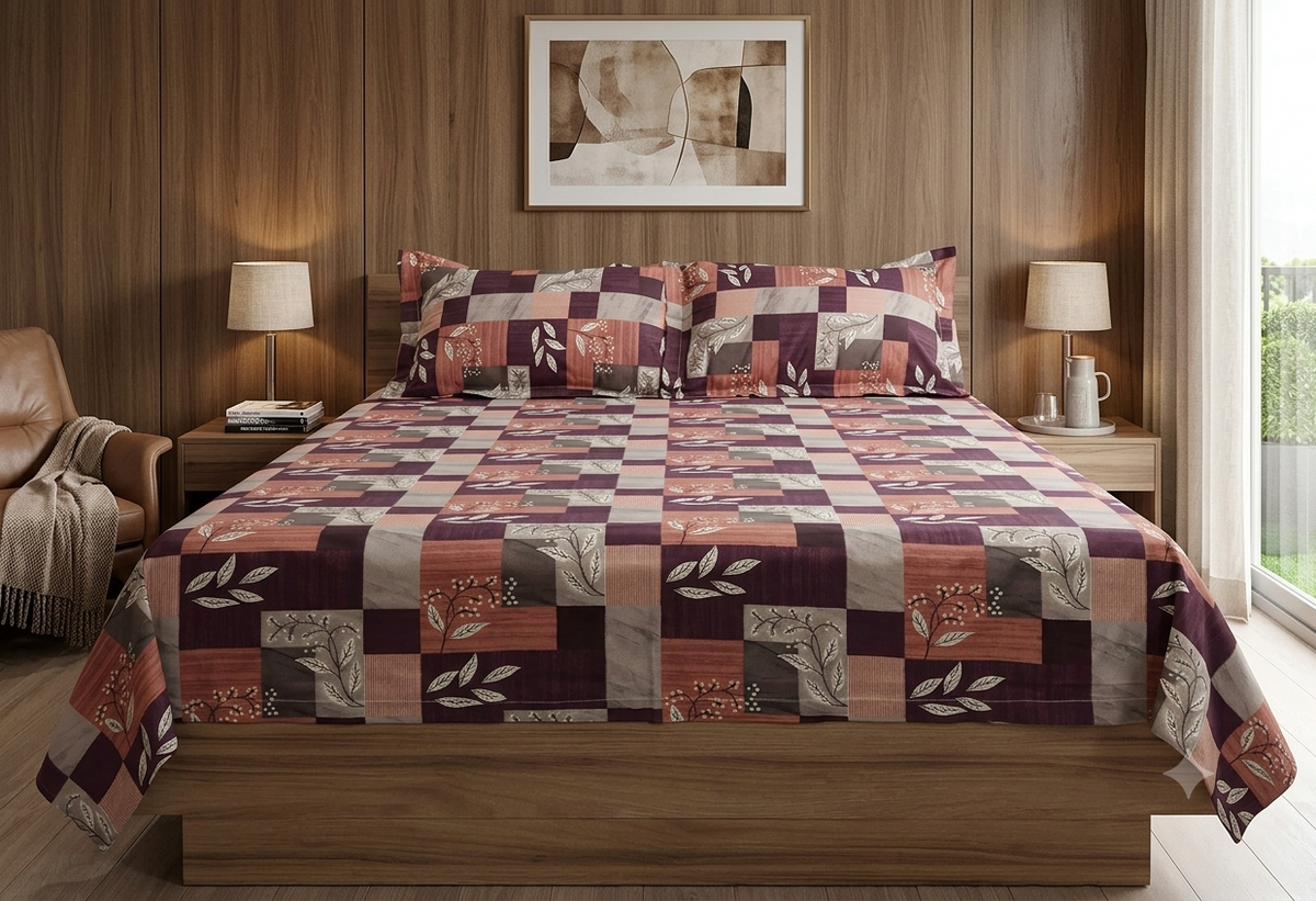 Queen Size Cotton Blend Bedsheet – Abstract Floral Block Print | 90 × 100 Inches