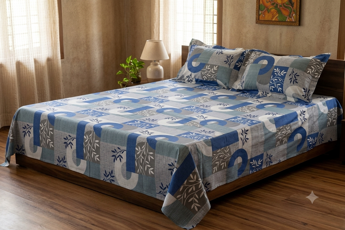 Queen Size  Bedspread – Blue & Grey Geometric Floral Print