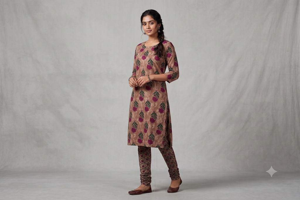 Soft Cotton Floral Dress Material Set – Beige & Magenta | Top & Bottom Fabric