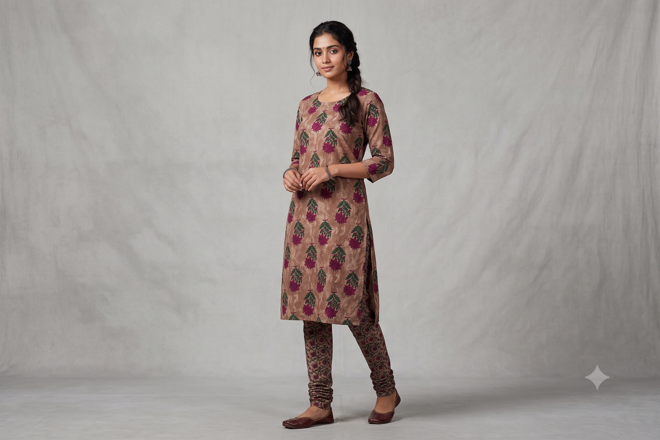 Soft Cotton Floral Dress Material Set – Beige & Magenta | Top & Bottom Fabric