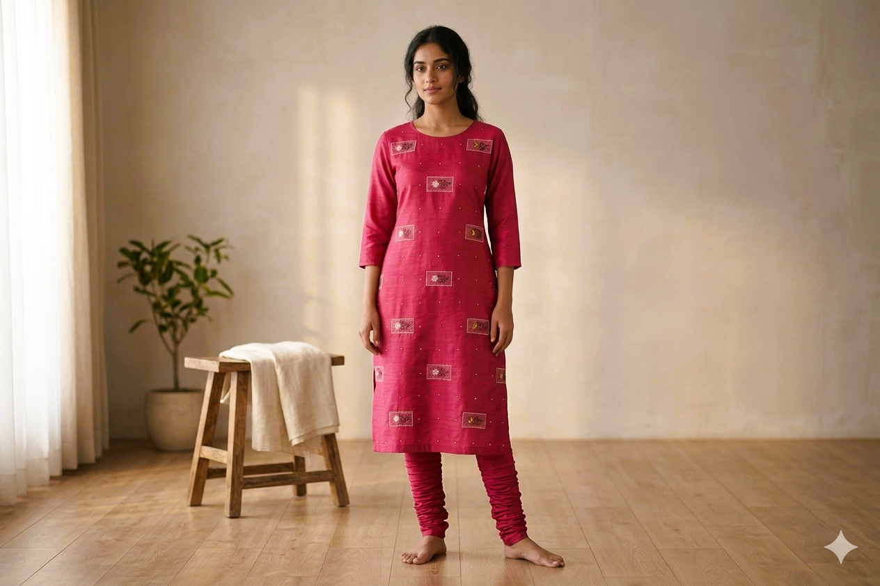 Berlin Silk Unstitched Dress Material Set - 2.5m Top & 2m Bottom (56" Width) - Magenta Pink
