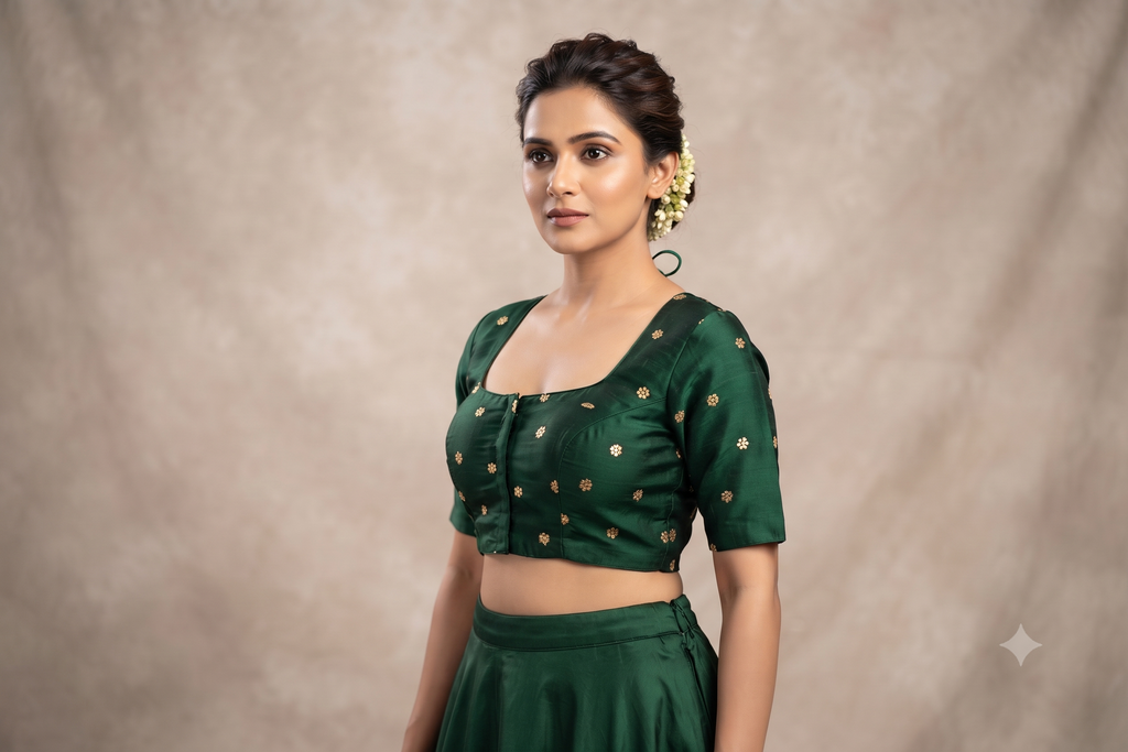 Women's Chanderi Silk Front Open Saree Blouse | Readymade Padded Blouse for Sarees & Midi | Dark Green with Gold Butti