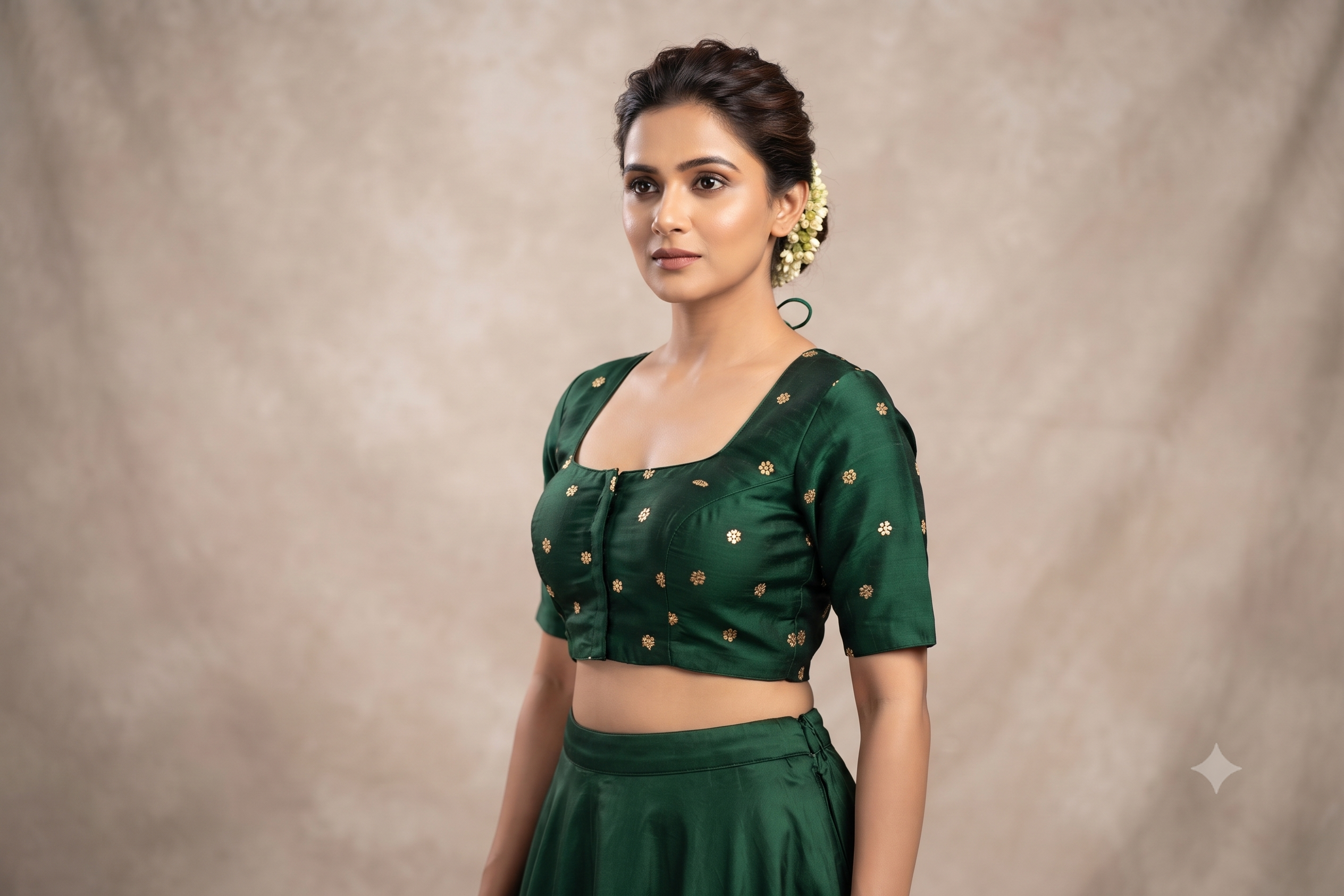 Women's Chanderi Silk Front Open Saree Blouse | Readymade Padded Blouse for Sarees & Midi | Dark Green with Gold Butti